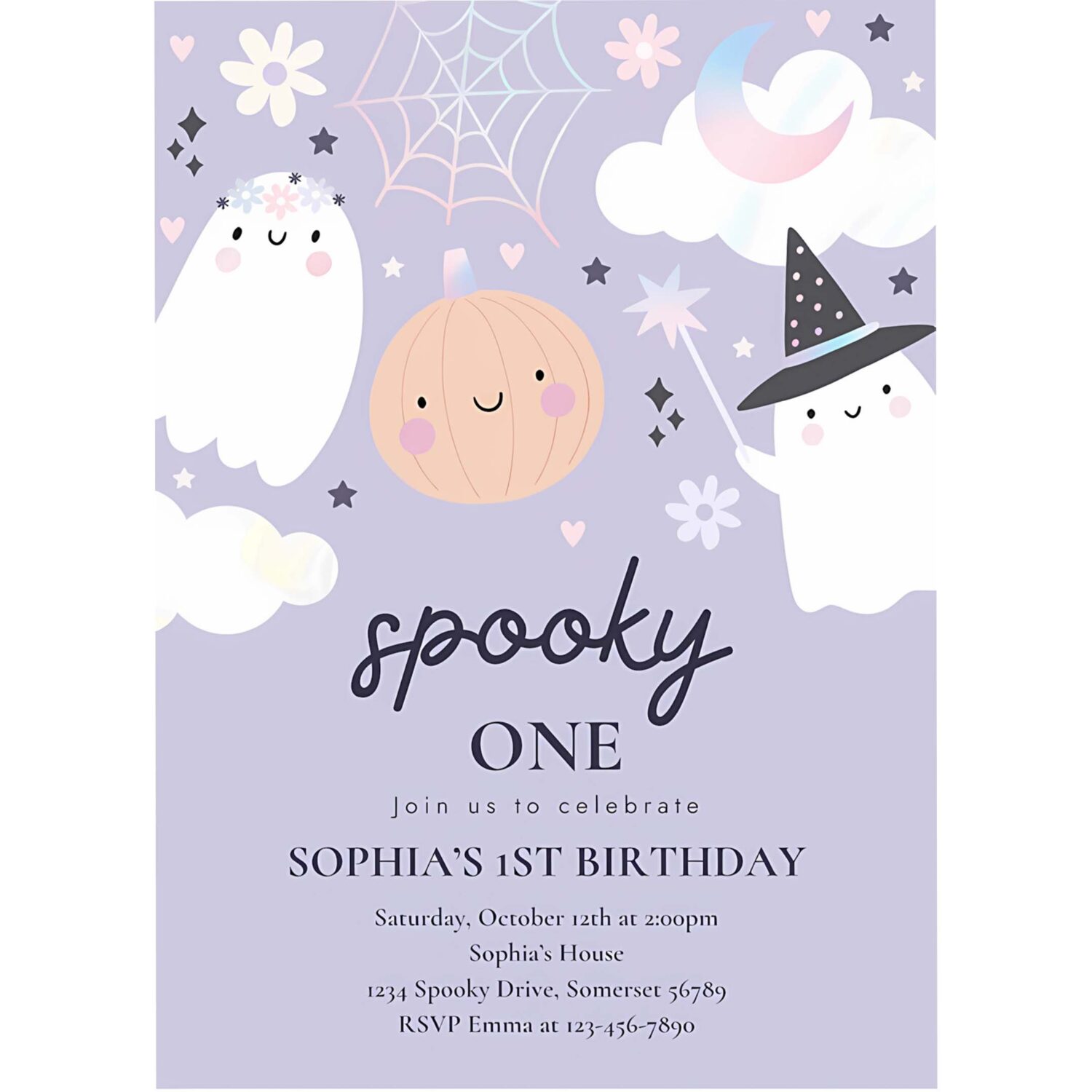 Editable spooky one 1st birthday party invitation cute pink pastel holographic ghost halloween birthday party invite instant download 45d 4