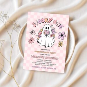Editable spooky one halloween ghost 1st birthday invitation retro groovy pink ghost halloween birthday party instant download uw8 1