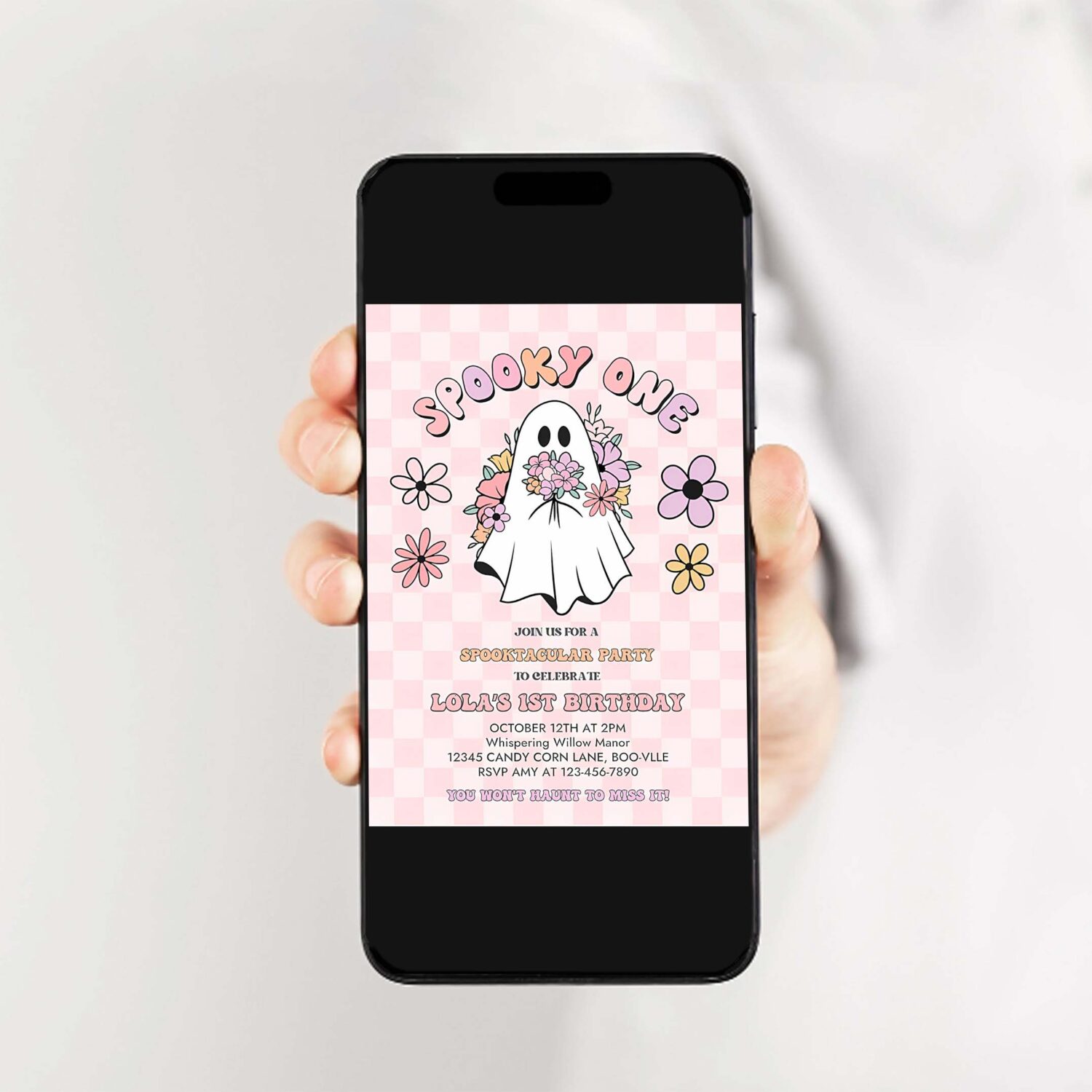 Editable spooky one halloween ghost 1st birthday invitation retro groovy pink ghost halloween birthday party instant download uw8 2