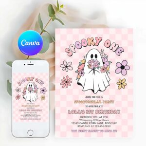 One Spooky Invitation, Spooky One Halloween Ghost 1st Birthday Invitation Retro Groovy Pink Ghost Halloween Birthday Party