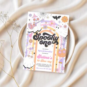 Editable spooky one halloween ghost 1st birthday invitation retro groovy rainbow ghost birthday hippie halloween party instant download l3 1