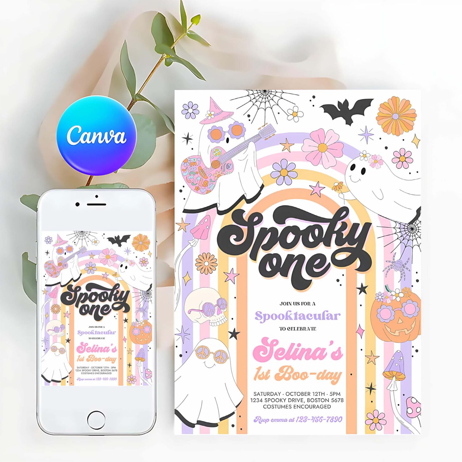 Editable spooky one halloween ghost 1st birthday invitation retro groovy rainbow ghost birthday hippie halloween party instant download l3
