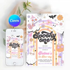 Spooky One Invitation, Spooky One Halloween Ghost 1st Birthday Invitation Retro Groovy Rainbow Ghost Birthday Hippie Halloween Party