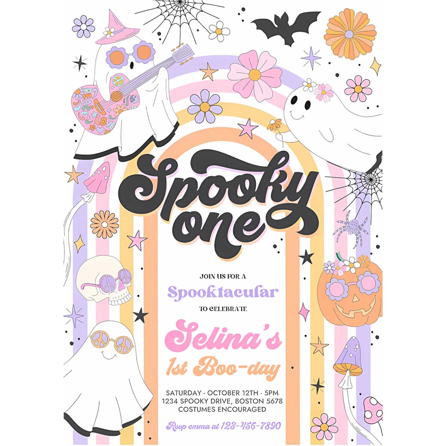 Editable spooky one halloween ghost 1st birthday invitation retro groovy rainbow ghost birthday hippie halloween party instant download l3 4