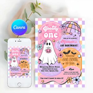 Spooky One Invitation, Spooky One Halloween Ghost 1st Birthday Invitation Retro Groovy Rainbow Ghost Birthday Hippie Halloween Party