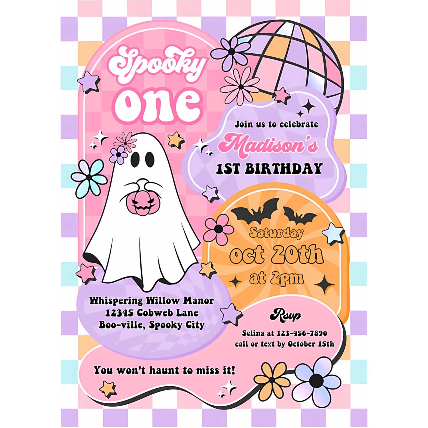 Editable spooky one halloween ghost 1st birthday invitation retro groovy rainbow ghost birthday hippie halloween party instant download tx4 4