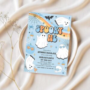 Editable spooky one halloween ghost 1st birthday invitation retro groovy rainbow ghost birthday hippie halloween party instant download v1 1