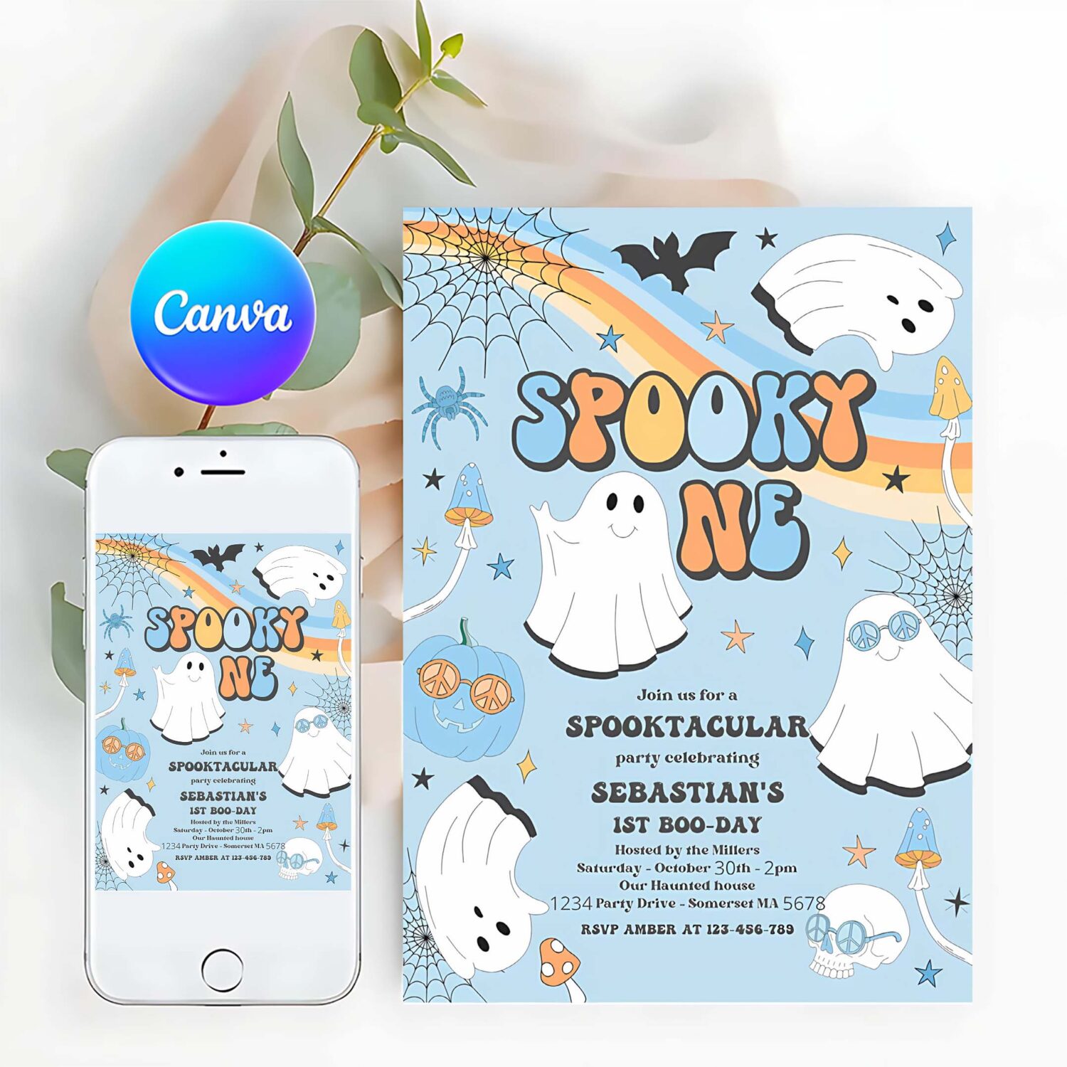 Editable spooky one halloween ghost 1st birthday invitation retro groovy rainbow ghost birthday hippie halloween party instant download v1