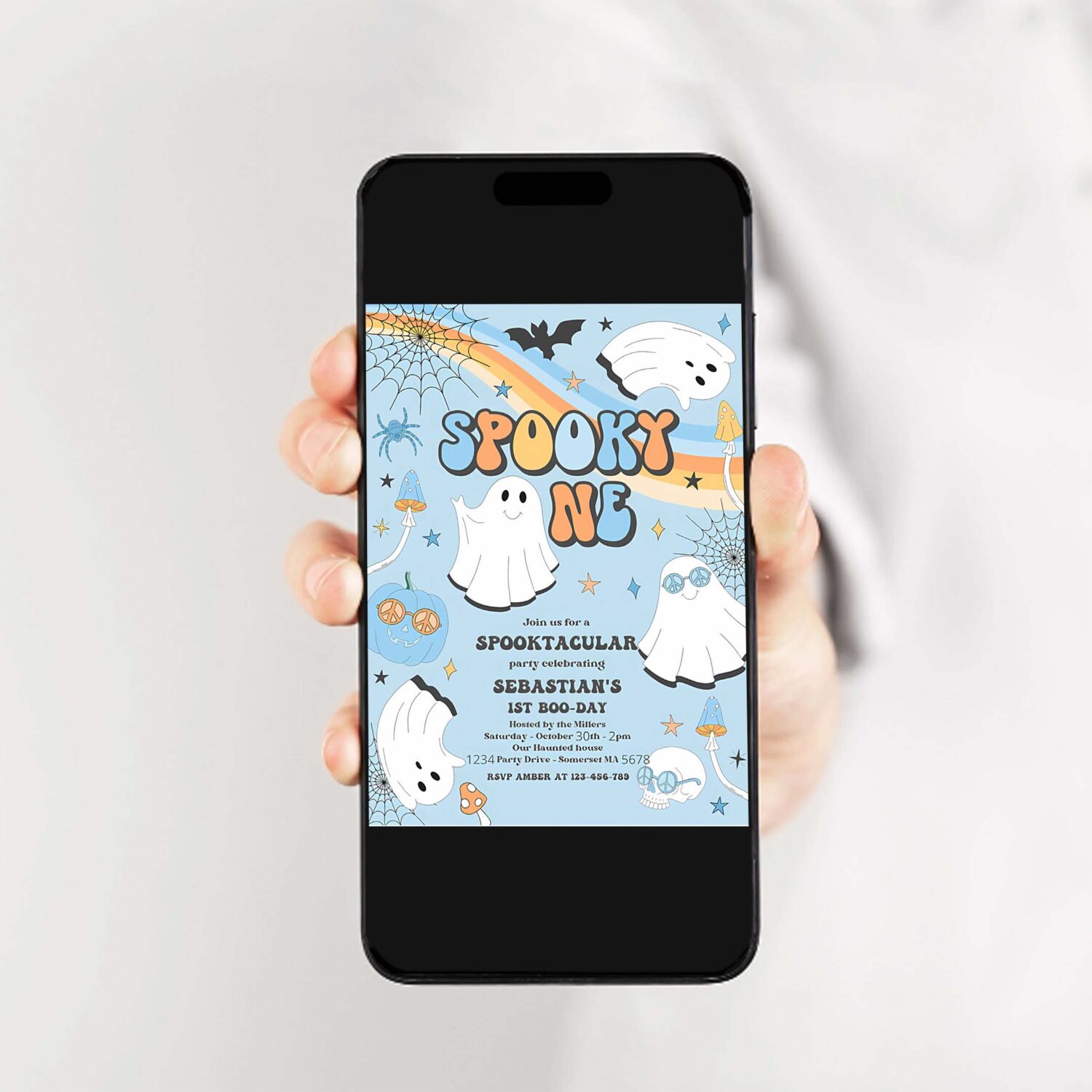 Editable spooky one halloween ghost 1st birthday invitation retro groovy rainbow ghost birthday hippie halloween party instant download v1 2