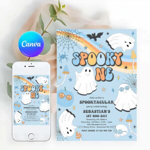 One Spooky Invitation, Spooky One Halloween Ghost 1st Birthday Invitation Retro Groovy Rainbow Ghost Birthday Hippie Halloween Party