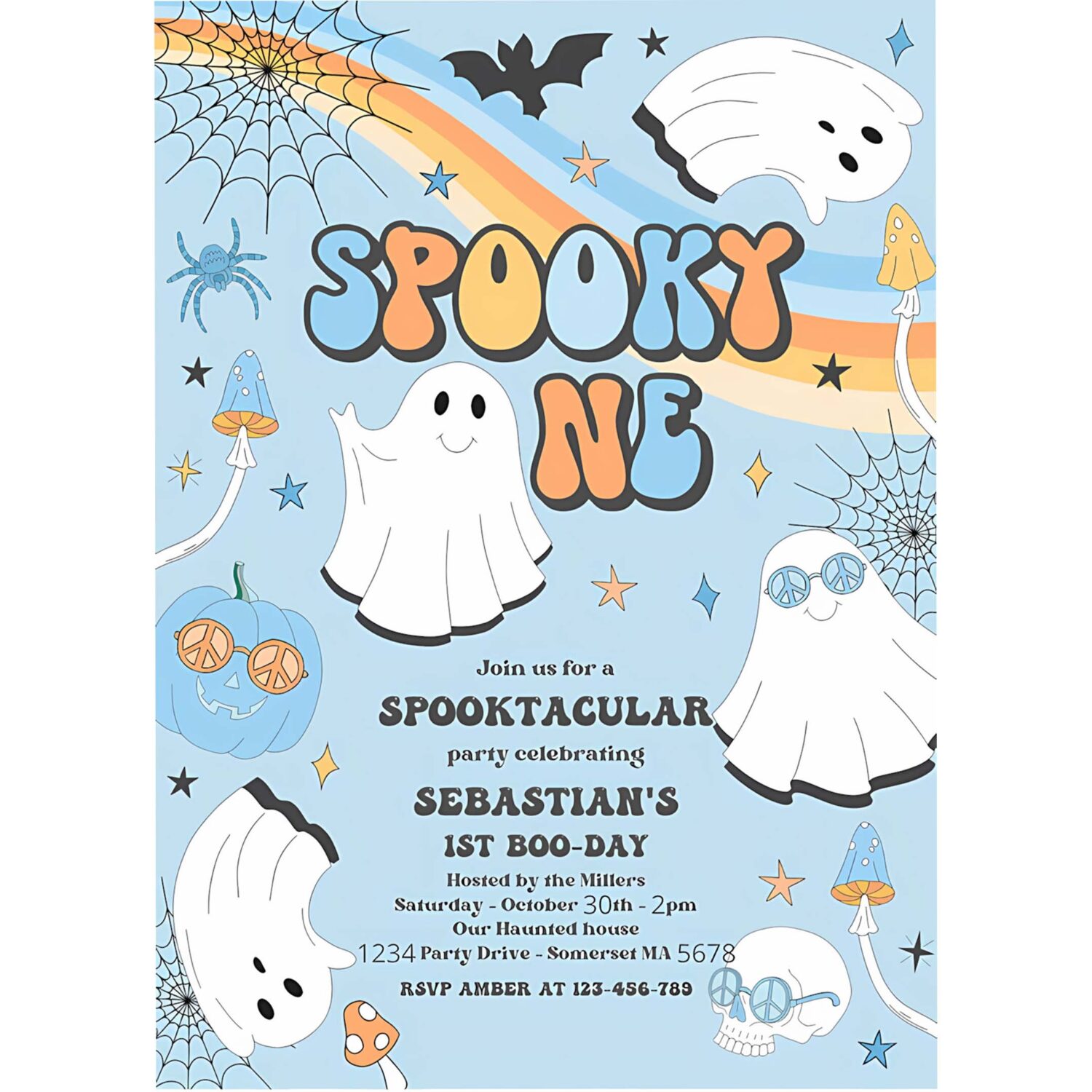 Editable spooky one halloween ghost 1st birthday invitation retro groovy rainbow ghost birthday hippie halloween party instant download v1 4
