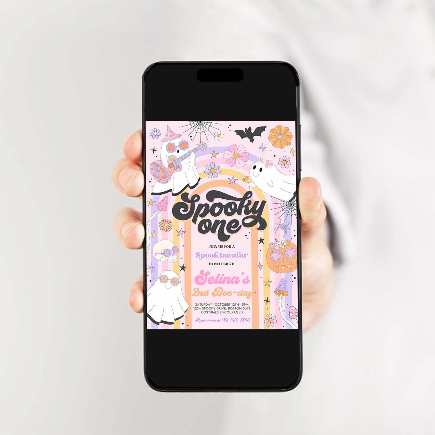 Editable spooky one halloween ghost 1st birthday invitation retro groovy rainbow ghost birthday hippie halloween party instant download v6 2