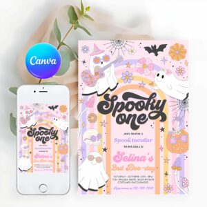 Spooky One Invitation, Spooky One Halloween Ghost 1st Birthday Invitation Retro Groovy Rainbow Ghost Birthday Hippie Halloween Party
