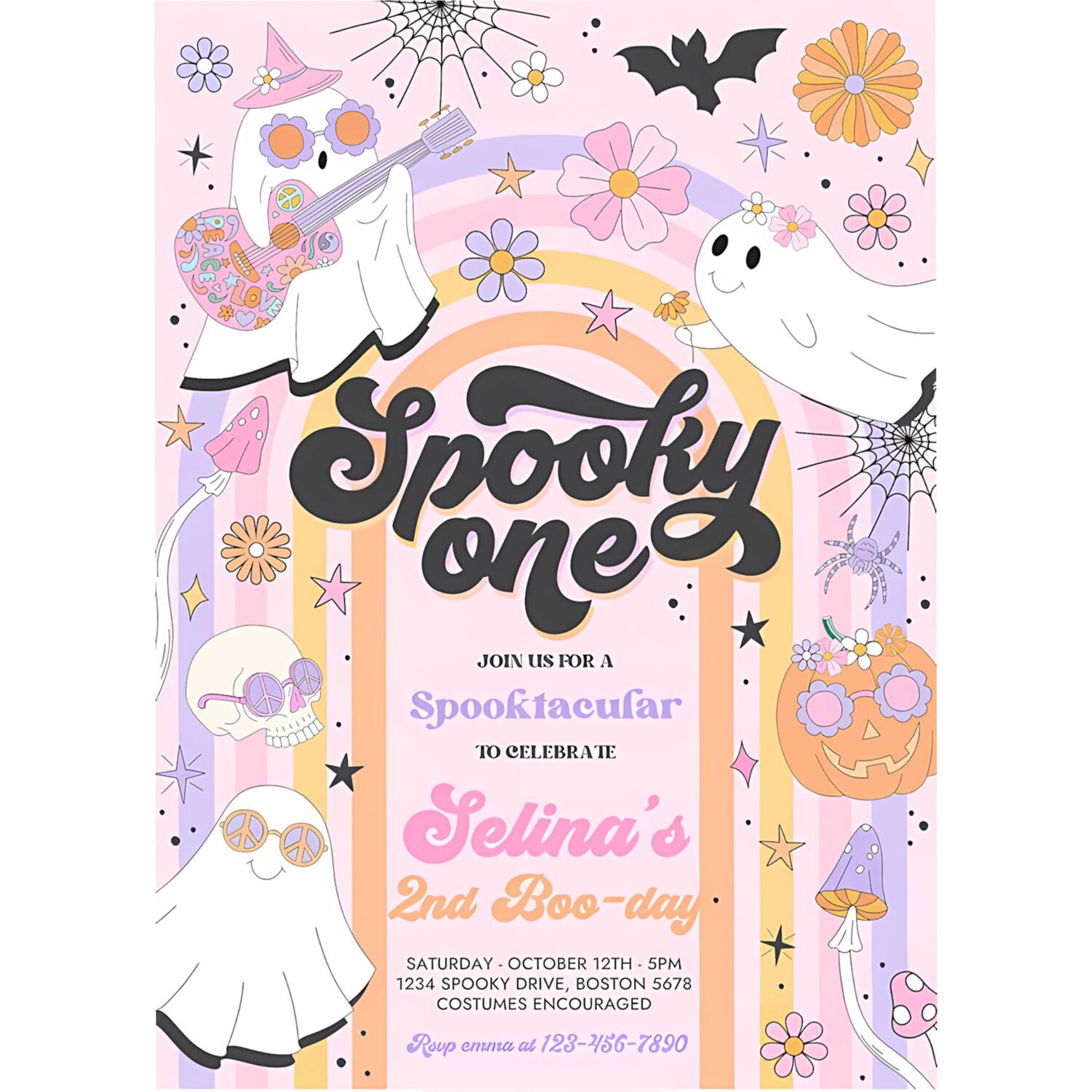Editable spooky one halloween ghost 1st birthday invitation retro groovy rainbow ghost birthday hippie halloween party instant download v6 4