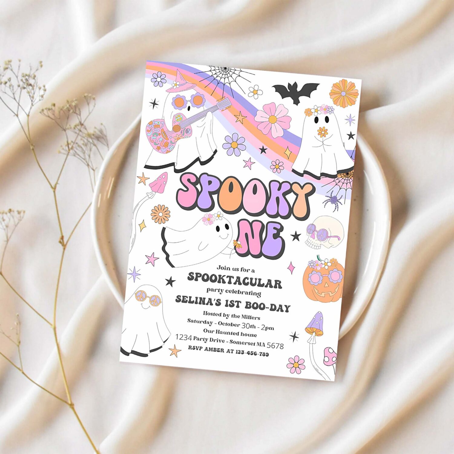 Editable spooky one halloween ghost 1st birthday invitation retro groovy rainbow ghost birthday hippie halloween party instant download v9 1