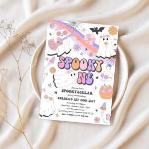 Editable spooky one halloween ghost 1st birthday invitation retro groovy rainbow ghost birthday hippie halloween party instant download v9 1