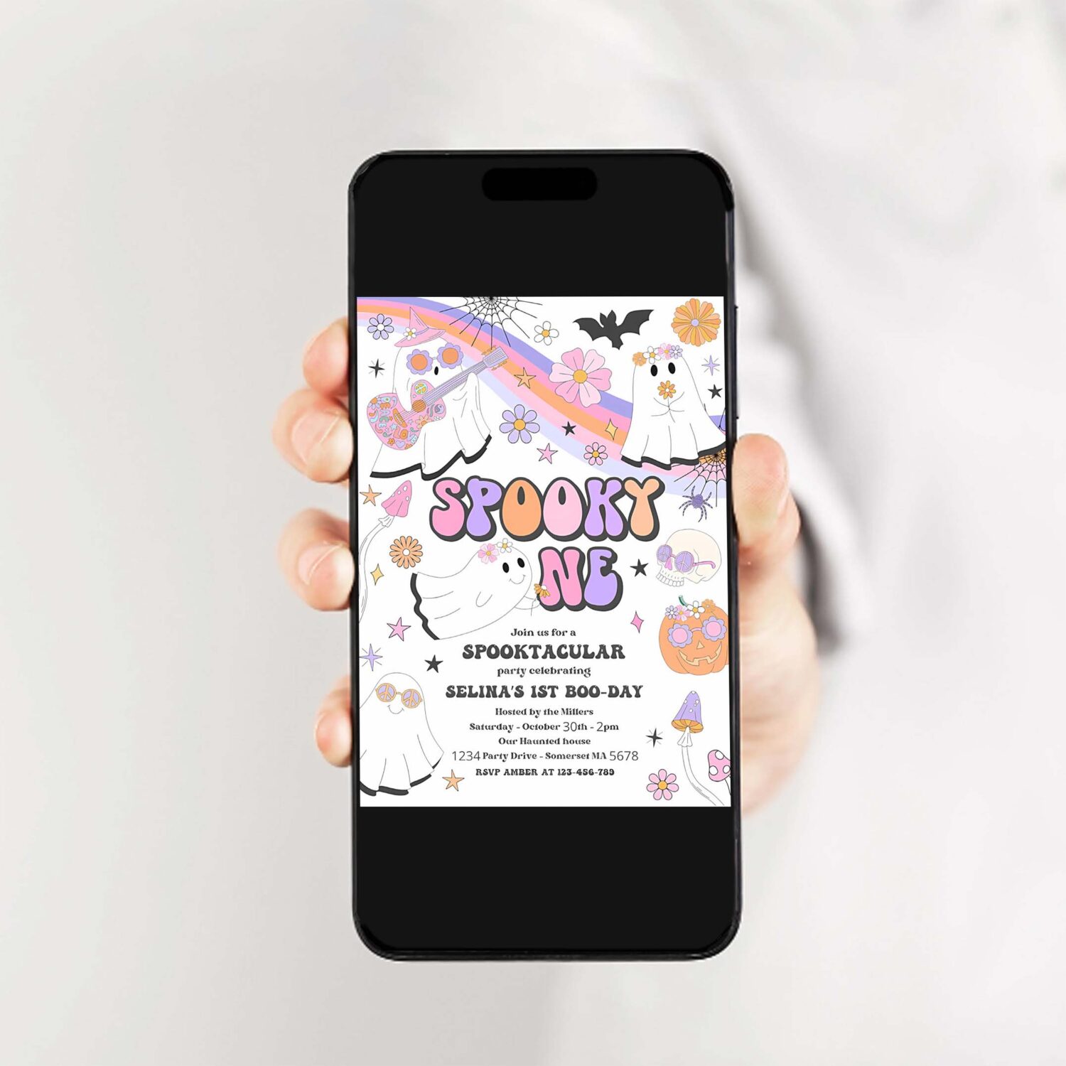 Editable spooky one halloween ghost 1st birthday invitation retro groovy rainbow ghost birthday hippie halloween party instant download v9 2