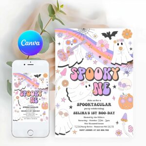 Spooky One Invitation, Spooky One Halloween Ghost 1st Birthday Invitation Retro Groovy Rainbow Ghost Birthday Hippie Halloween Party