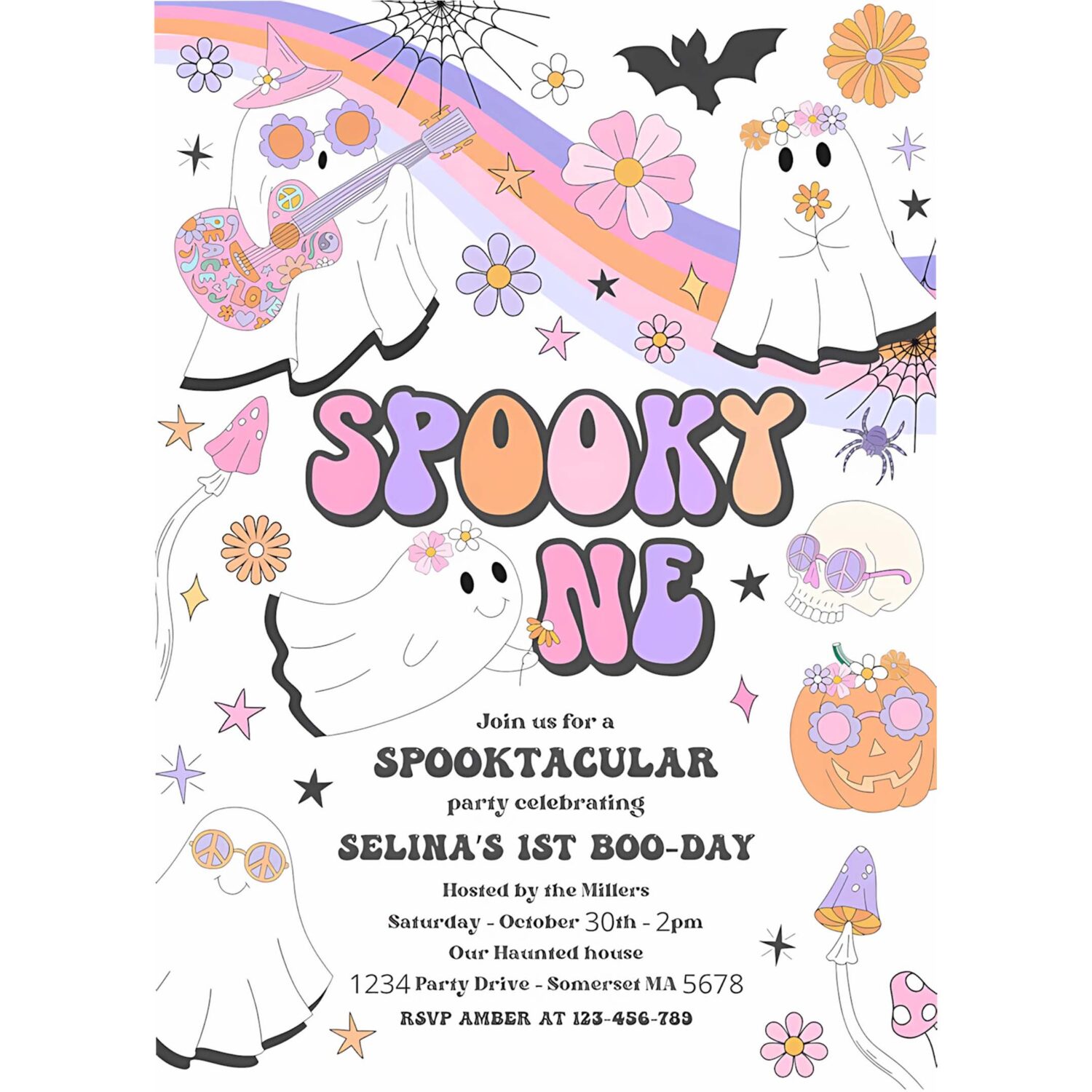 Editable spooky one halloween ghost 1st birthday invitation retro groovy rainbow ghost birthday hippie halloween party instant download v9 4