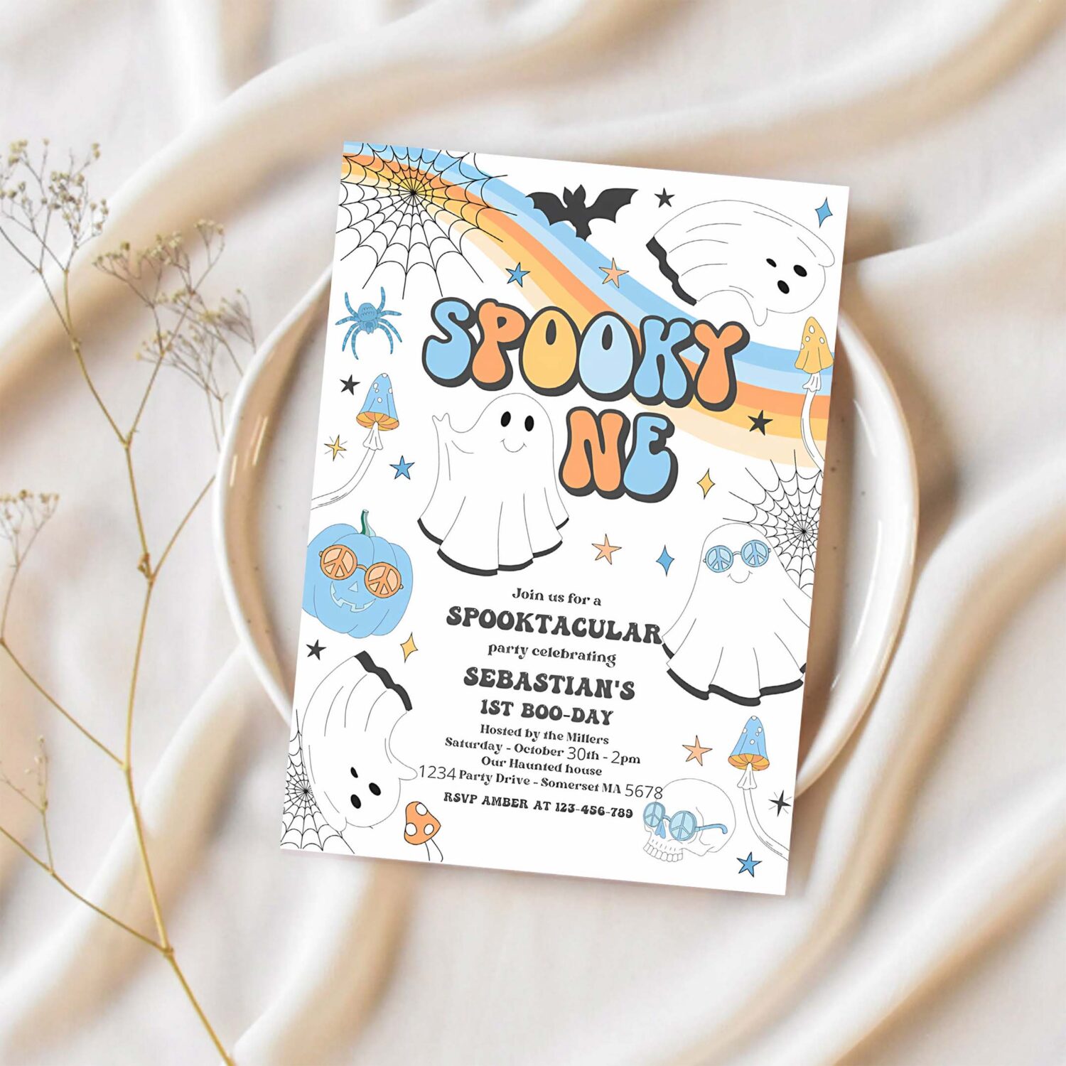 Editable spooky one halloween ghost 1st birthday invitation retro groovy rainbow ghost birthday hippie halloween party instant download vaq 1