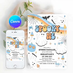 One Spooky Invitation, Spooky One Halloween Ghost 1st Birthday Invitation Retro Groovy Rainbow Ghost Birthday Hippie Halloween Party