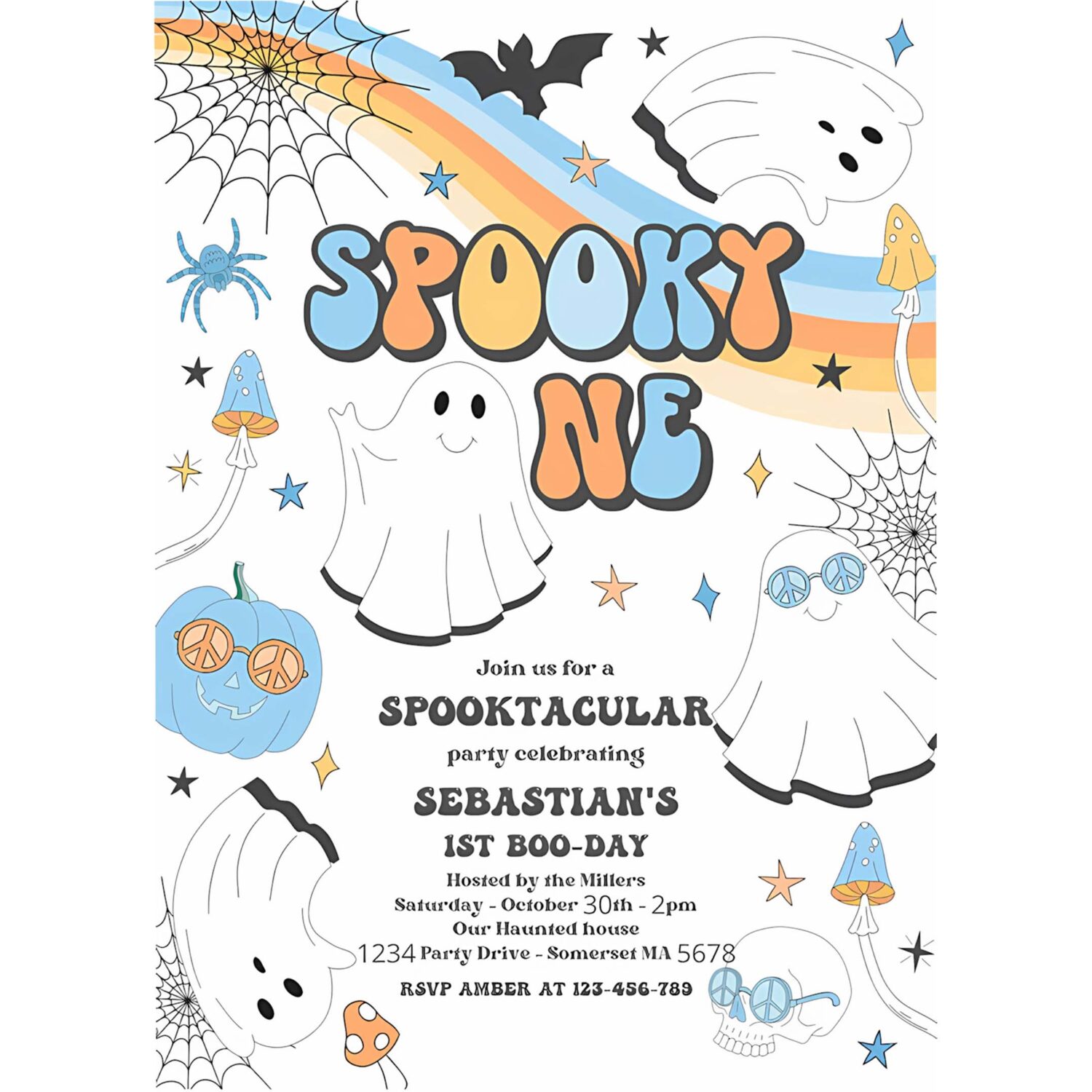 Editable spooky one halloween ghost 1st birthday invitation retro groovy rainbow ghost birthday hippie halloween party instant download vaq 4