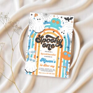 Editable spooky one halloween ghost 1st birthday invitation retro groovy rainbow ghost birthday hippie halloween party instant download vh 1