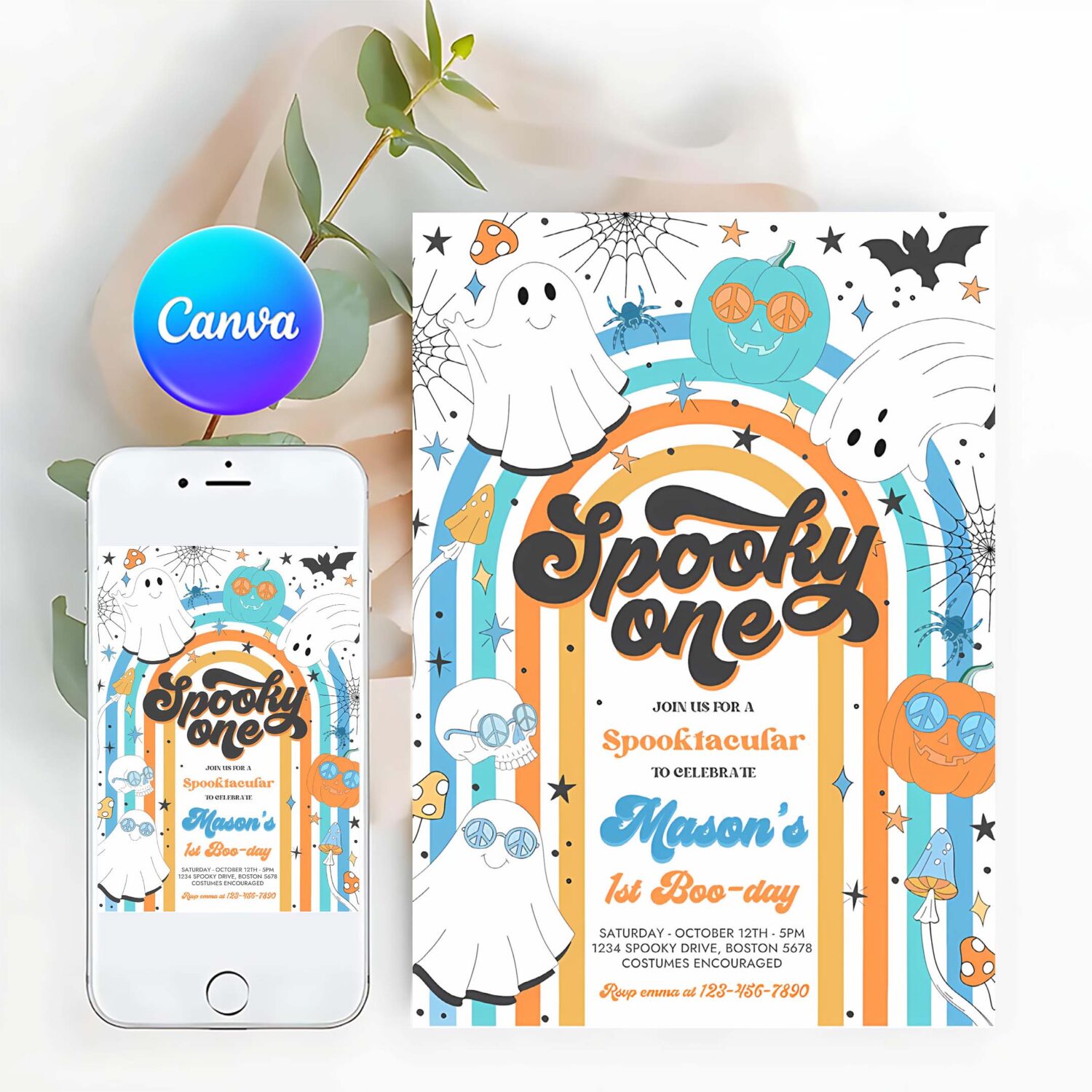 Editable spooky one halloween ghost 1st birthday invitation retro groovy rainbow ghost birthday hippie halloween party instant download vh
