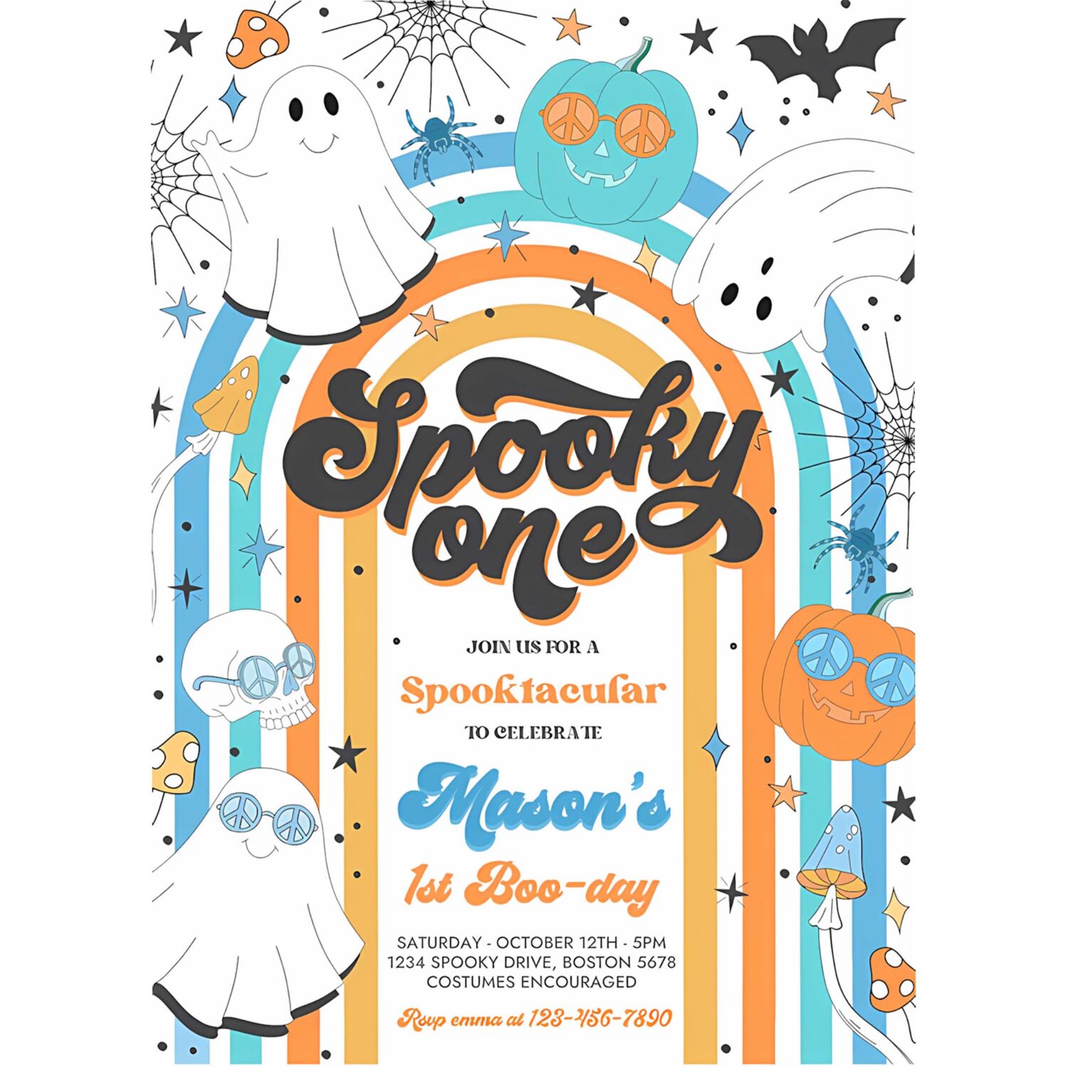 Editable spooky one halloween ghost 1st birthday invitation retro groovy rainbow ghost birthday hippie halloween party instant download vh 4