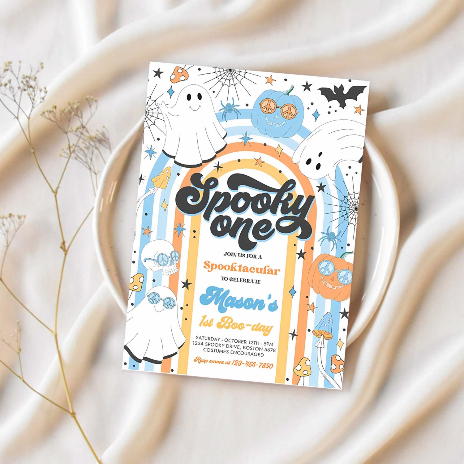 Editable spooky one halloween ghost 1st birthday invitation retro groovy rainbow ghost birthday hippie halloween party instant download vn 1