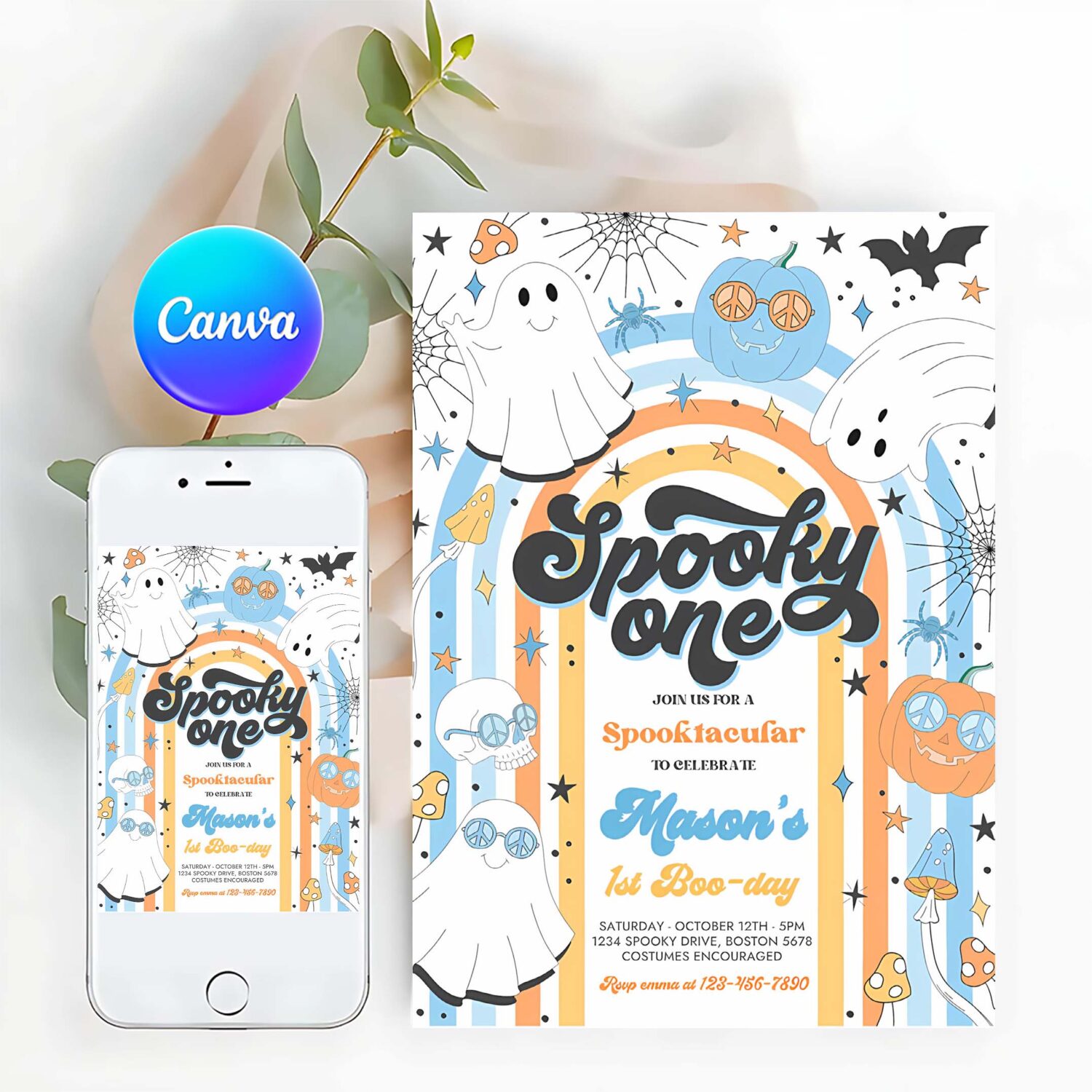 Editable spooky one halloween ghost 1st birthday invitation retro groovy rainbow ghost birthday hippie halloween party instant download vn