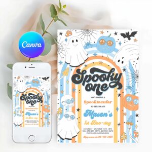One Spooky Invitation, Spooky One Halloween Ghost 1st Birthday Invitation Retro Groovy Rainbow Ghost Birthday Hippie Halloween Party