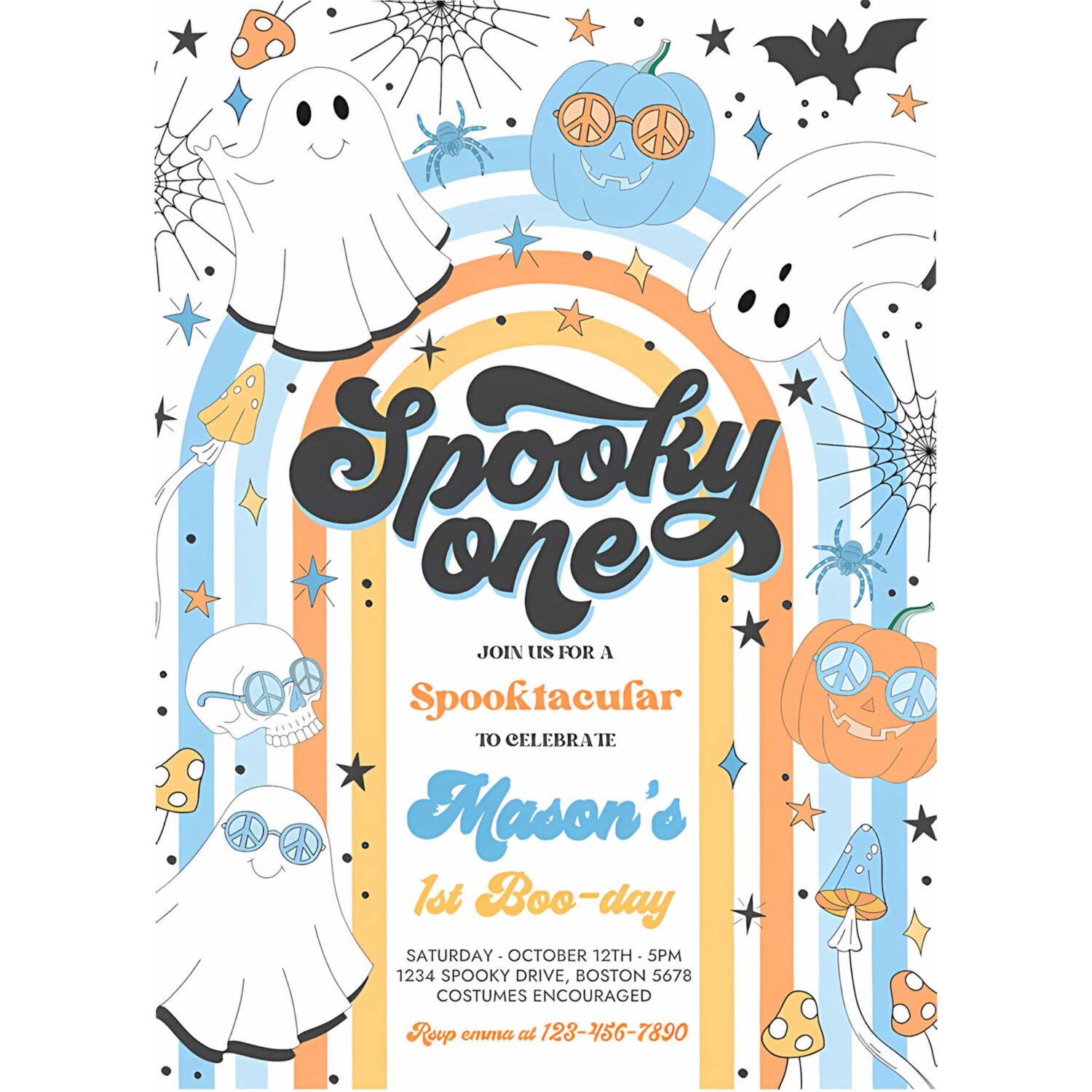 Editable spooky one halloween ghost 1st birthday invitation retro groovy rainbow ghost birthday hippie halloween party instant download vn 4