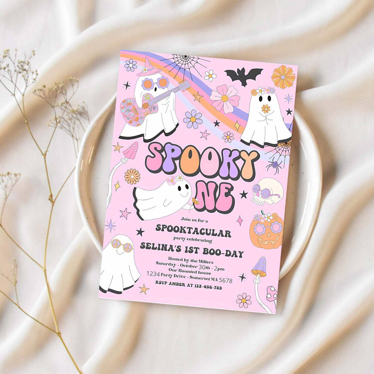 Editable spooky one halloween ghost 1st birthday invitation retro groovy rainbow ghost birthday hippie halloween party instant download vu 1
