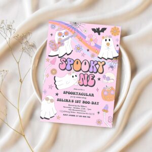 Editable spooky one halloween ghost 1st birthday invitation retro groovy rainbow ghost birthday hippie halloween party instant download vu 1