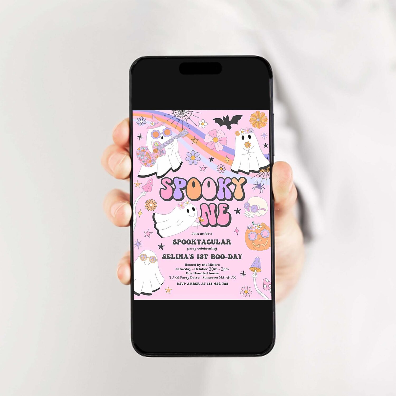 Editable spooky one halloween ghost 1st birthday invitation retro groovy rainbow ghost birthday hippie halloween party instant download vu 2