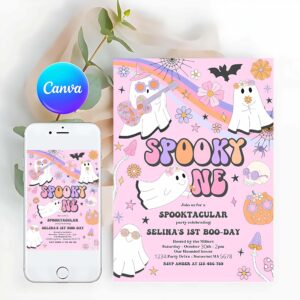Spooky One Invitation, Spooky One Halloween Ghost 1st Birthday Invitation Retro Groovy Rainbow Ghost Birthday Hippie Halloween Party