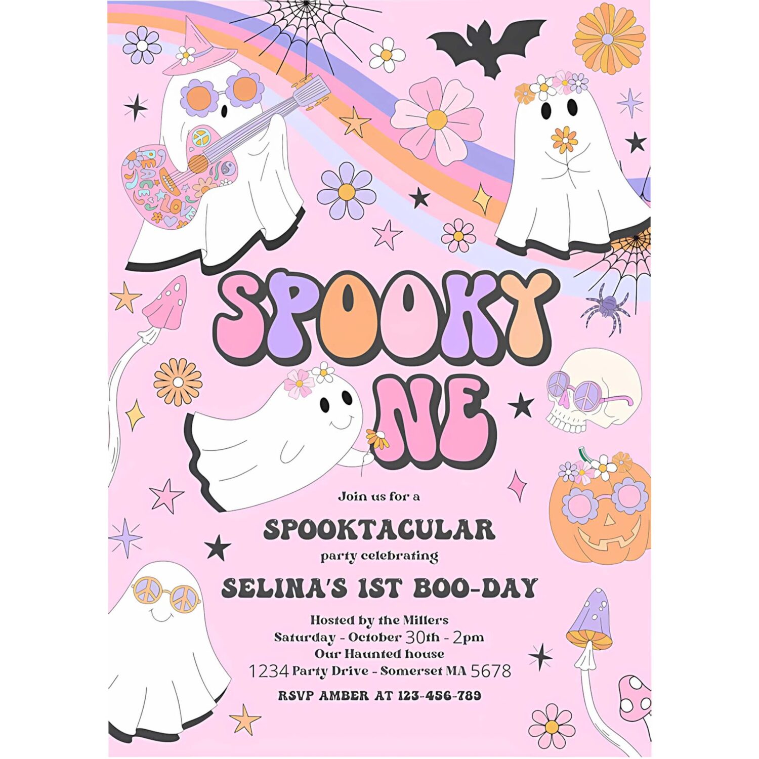 Editable spooky one halloween ghost 1st birthday invitation retro groovy rainbow ghost birthday hippie halloween party instant download vu 4