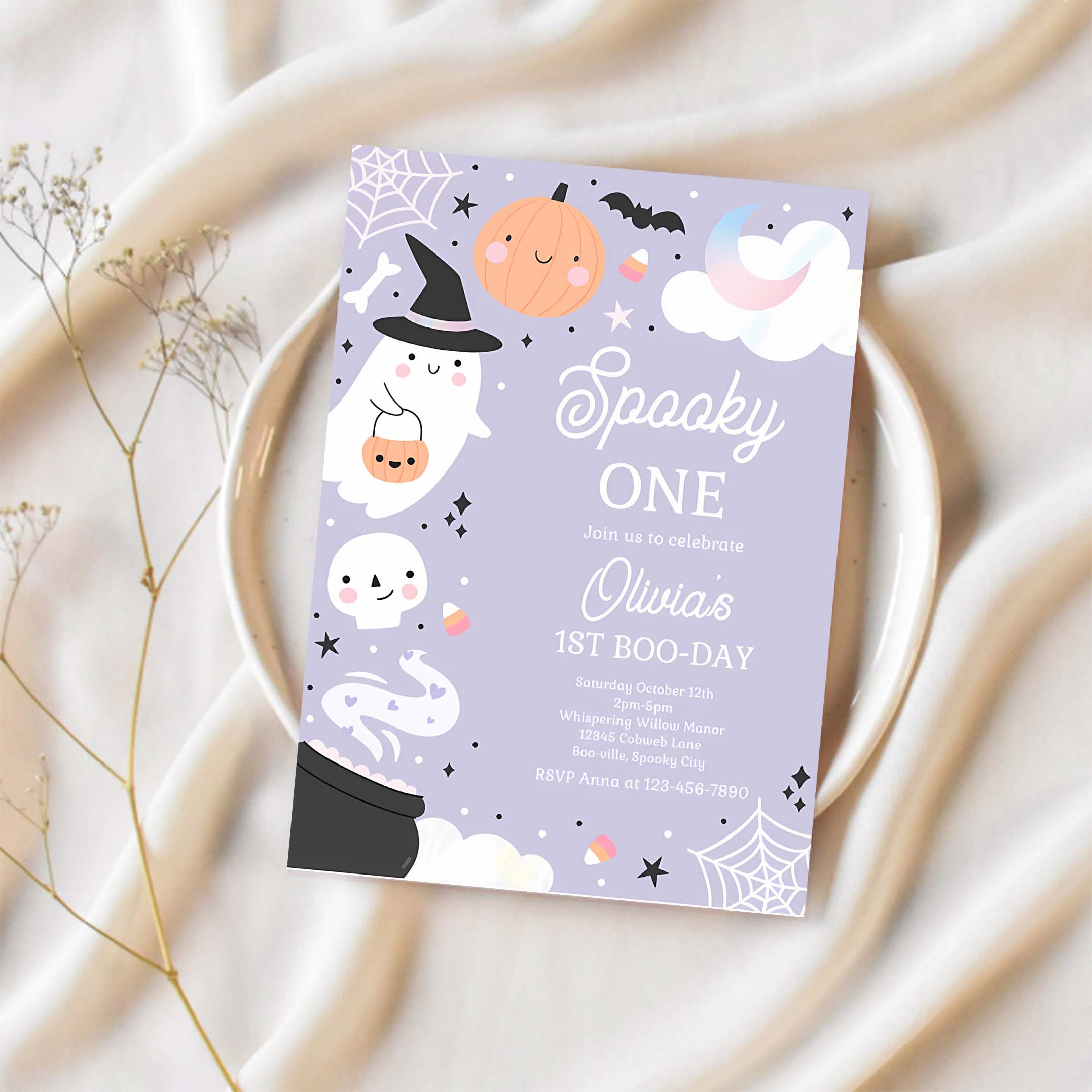 Editable Spooky One Halloween Ghost 1st Birthday Party Invitation Boho Groovy Ghost Halloween Birthday Party Invite Instant Download 42A