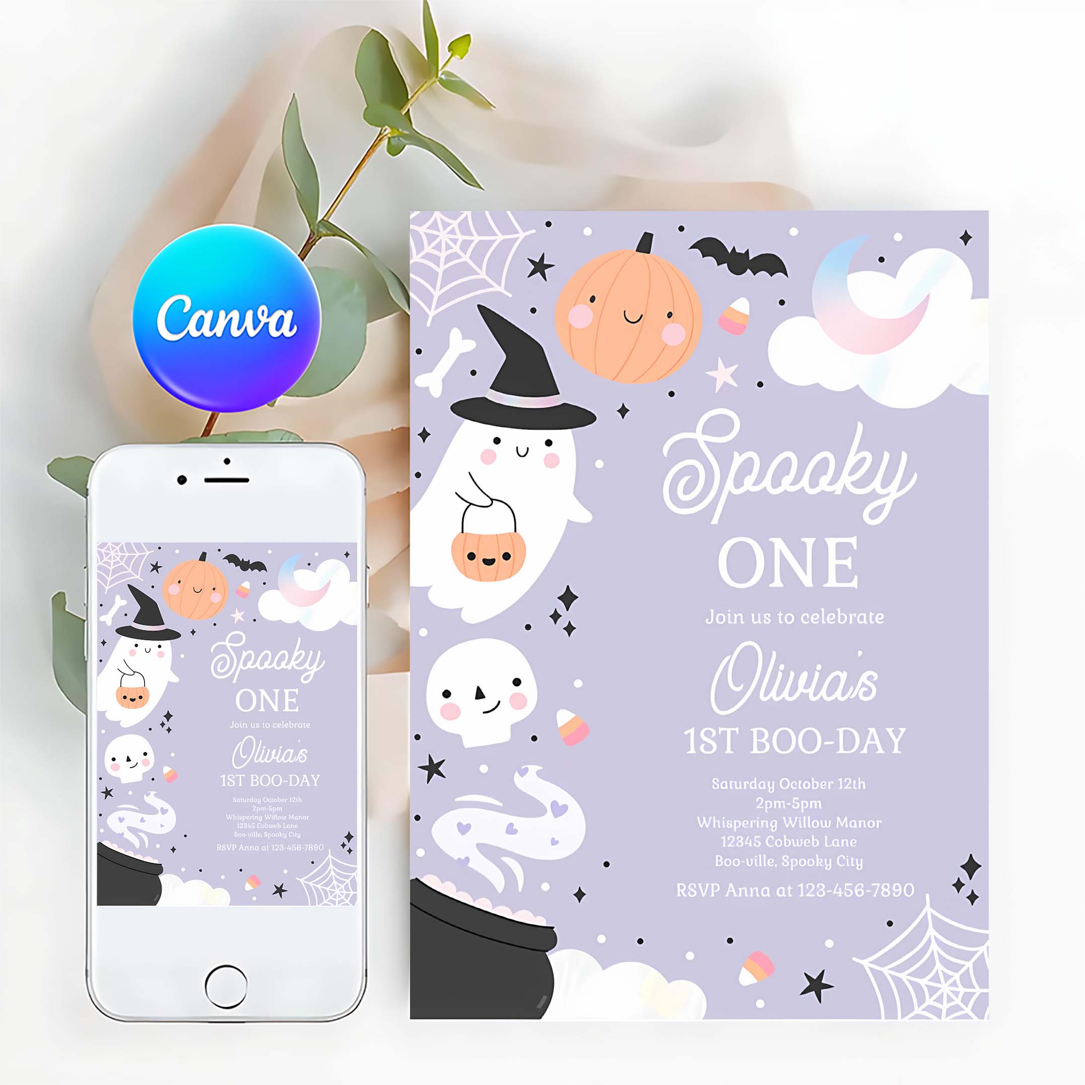Editable Spooky One Halloween Ghost 1st Birthday Party Invitation Boho Groovy Ghost Halloween Birthday Party Invite Instant Download 42A