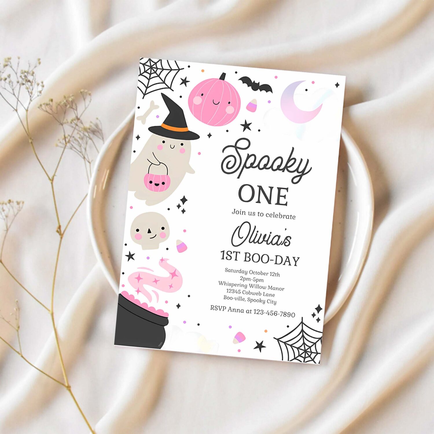 Editable spooky one halloween ghost 1st birthday party invitation boho groovy ghost halloween birthday party invite instant download 42w 1