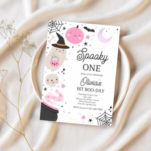 Editable spooky one halloween ghost 1st birthday party invitation boho groovy ghost halloween birthday party invite instant download 42w 1