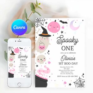 Spooky One Invitation, Spooky One Halloween Ghost 1st Birthday Party Invitation Boho Groovy Ghost Halloween Birthday Party Invite