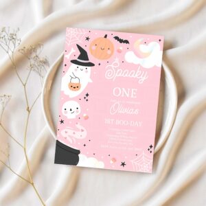 Editable spooky one halloween ghost 1st birthday party invitation boho groovy ghost halloween birthday party invite instant download 43a 1