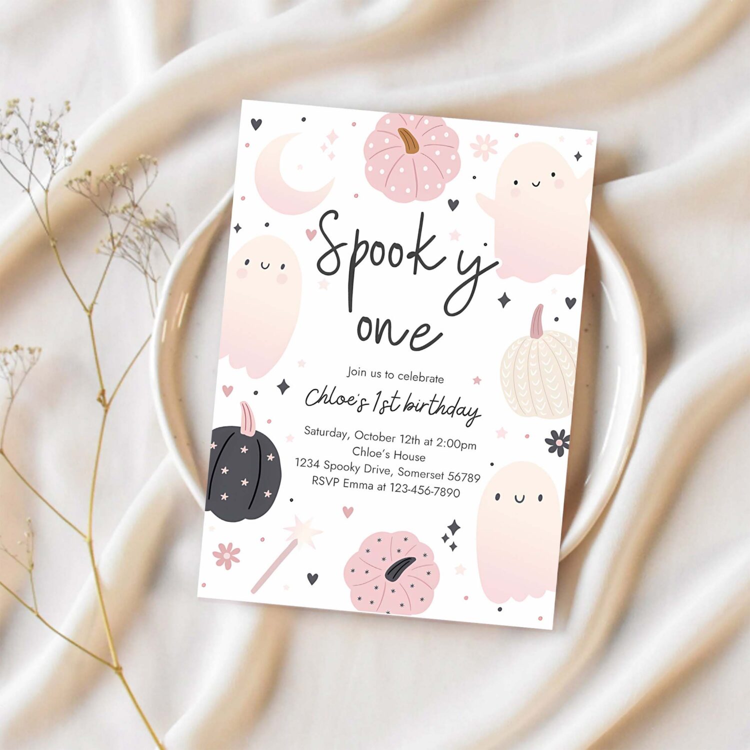 Editable spooky one halloween ghost 1st birthday party invitation boho groovy ghost halloween birthday party invite instant download 43f 1