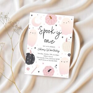 Editable spooky one halloween ghost 1st birthday party invitation boho groovy ghost halloween birthday party invite instant download 43f 1