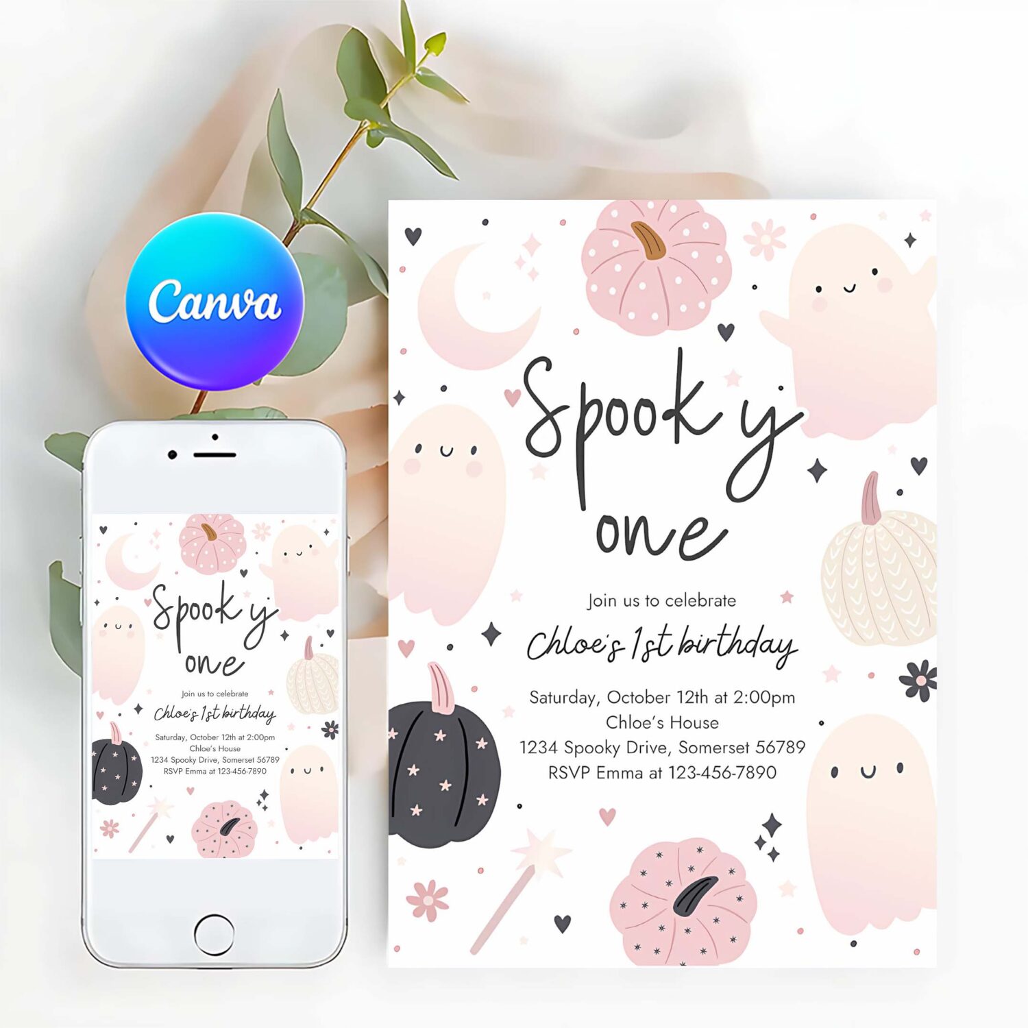Editable spooky one halloween ghost 1st birthday party invitation boho groovy ghost halloween birthday party invite instant download 43f