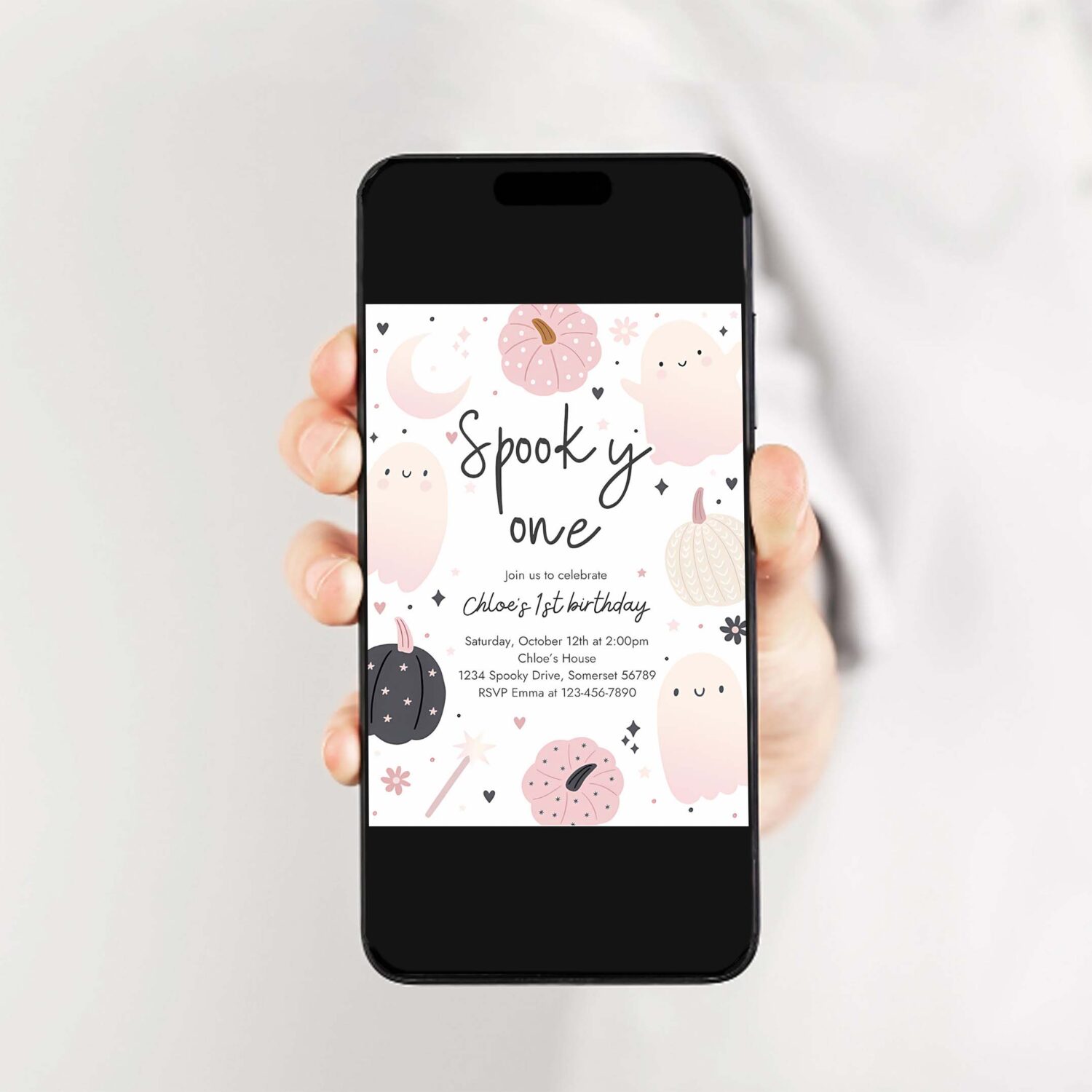 Editable spooky one halloween ghost 1st birthday party invitation boho groovy ghost halloween birthday party invite instant download 43f 2
