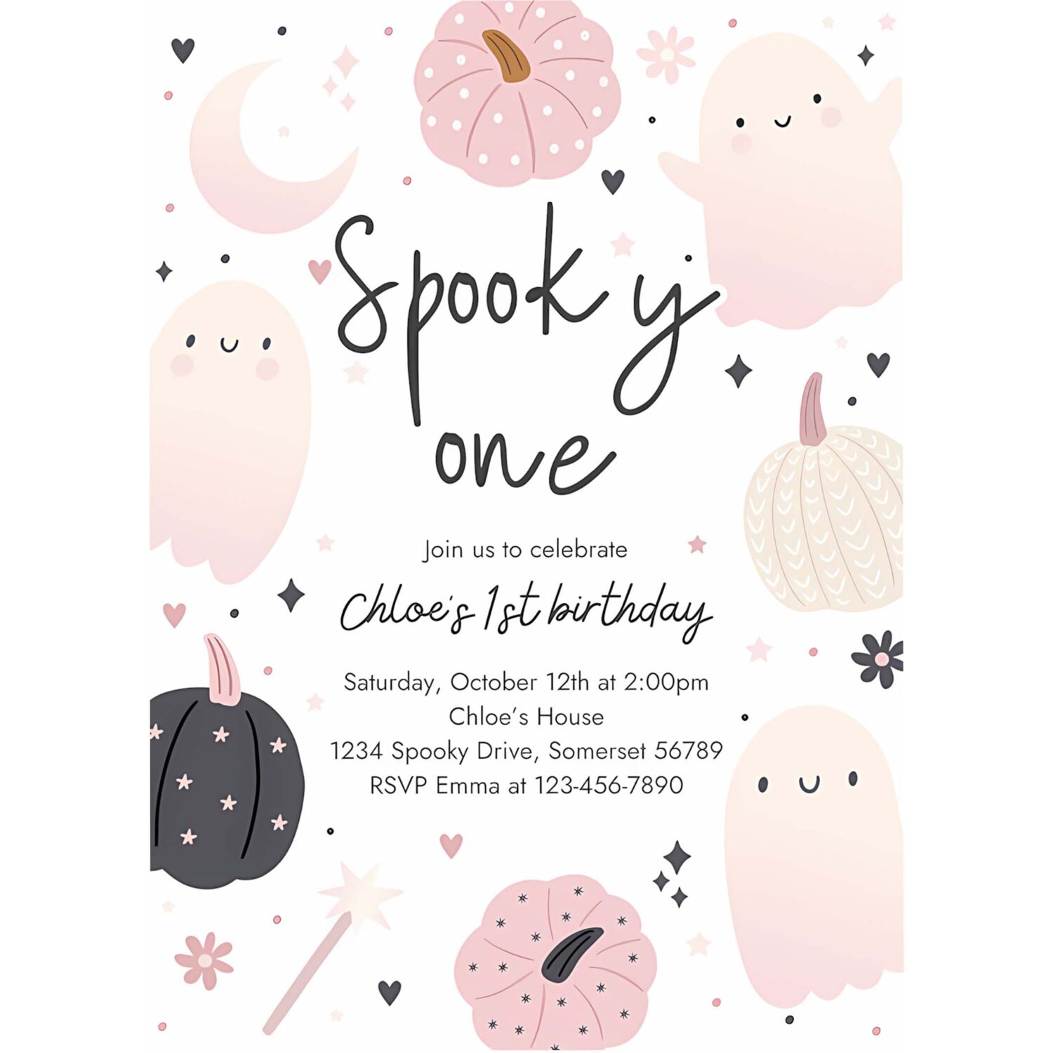 Editable spooky one halloween ghost 1st birthday party invitation boho groovy ghost halloween birthday party invite instant download 43f 4