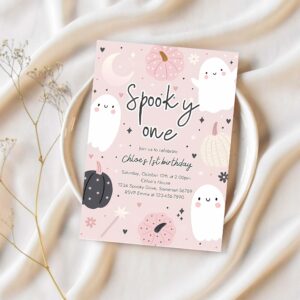 Editable spooky one halloween ghost 1st birthday party invitation boho groovy ghost halloween birthday party invite instant download 45f 1